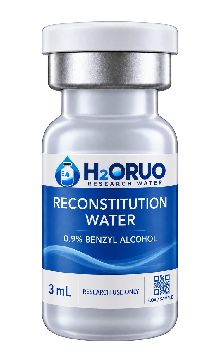 H2ORUO 3 mL vial, white cap, blue label, 0.9% benzyl alcohol and sample COA code
